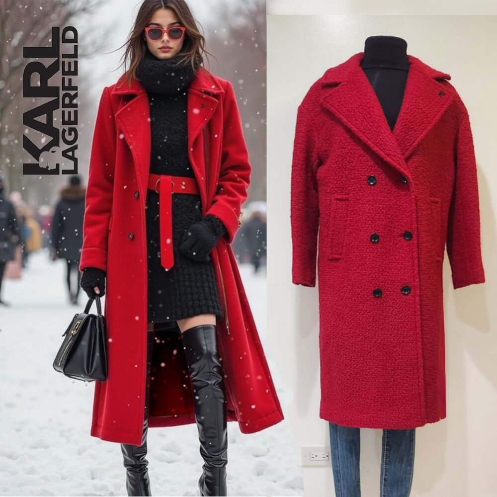💥KARL LAGERFELD PARIS💥 Boucle Wool Double-Breasted Oversized Coat in Deep Red